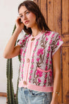 Shop Button Up Floral Knit Cardigan, Pink-Cozy floral & stripe short sleeve cardigan with button front & cable knit detail. A lightweight layer with vintage charm, perfect for spring & summer outfits.-available at Reef Love online boho-chic boutique