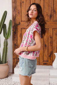 Shop Button Up Floral Knit Cardigan, Pink-Cozy floral & stripe short sleeve cardigan with button front & cable knit detail. A lightweight layer with vintage charm, perfect for spring & summer outfits.-available at Reef Love online boho-chic boutique