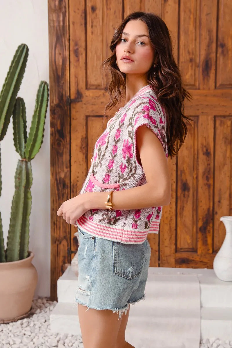 Shop Button Up Floral Knit Cardigan, Pink-Cozy floral & stripe short sleeve cardigan with button front & cable knit detail. A lightweight layer with vintage charm, perfect for spring & summer outfits.-available at Reef Love online boho-chic boutique