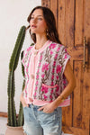Shop Button Up Floral Knit Cardigan, Pink-Cozy floral & stripe short sleeve cardigan with button front & cable knit detail. A lightweight layer with vintage charm, perfect for spring & summer outfits.-available at Reef Love online boho-chic boutique