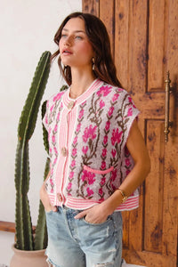 Shop Button Up Floral Knit Cardigan, Pink-Cozy floral & stripe short sleeve cardigan with button front & cable knit detail. A lightweight layer with vintage charm, perfect for spring & summer outfits.-available at Reef Love online boho-chic boutique