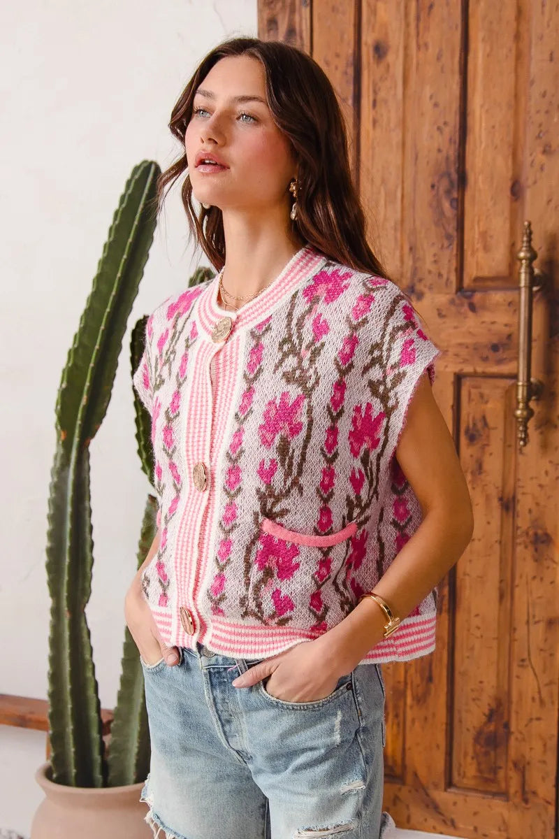 Shop Button Up Floral Knit Cardigan, Pink-Cozy floral & stripe short sleeve cardigan with button front & cable knit detail. A lightweight layer with vintage charm, perfect for spring & summer outfits.-available at Reef Love online boho-chic boutique