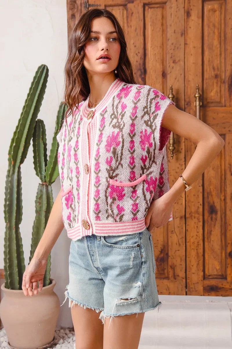 Shop Button Up Floral Knit Cardigan, Pink-Cozy floral & stripe short sleeve cardigan with button front & cable knit detail. A lightweight layer with vintage charm, perfect for spring & summer outfits.-available at Reef Love online boho-chic boutique