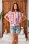 Shop Button Up Floral Knit Cardigan, Pink-Cozy floral & stripe short sleeve cardigan with button front & cable knit detail. A lightweight layer with vintage charm, perfect for spring & summer outfits.-available at Reef Love online boho-chic boutique