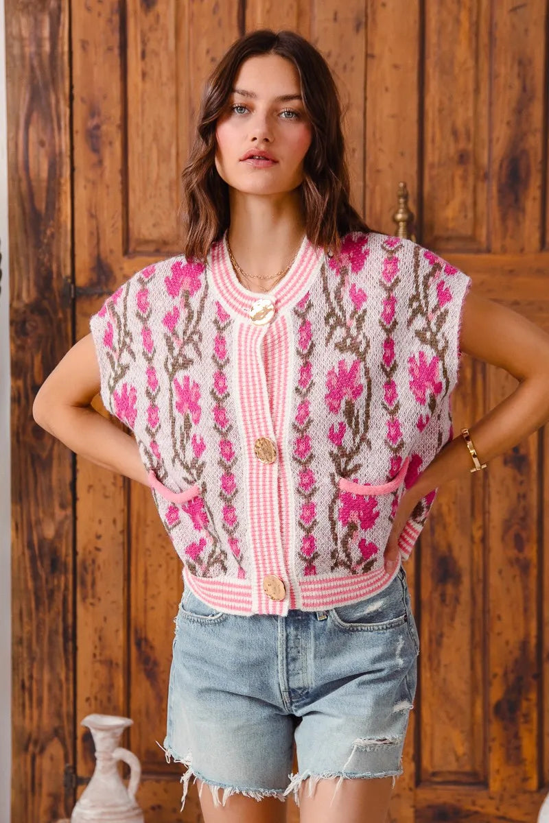 Shop Button Up Floral Knit Cardigan, Pink-Cozy floral & stripe short sleeve cardigan with button front & cable knit detail. A lightweight layer with vintage charm, perfect for spring & summer outfits.-available at Reef Love online boho-chic boutique