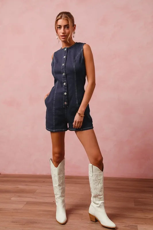 Button Up Front Washed Denim Sleeveless Romper-The Button Up Front Washed Denim Sleeveless Romper is a trendy and versatile piece for your wardrobe. This romper features a washed denim fabric and a button-up front-Reef Love Boho-Chic Boutique