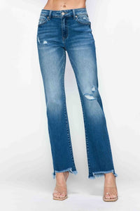 Women's Stretch Raw Hem Distressed Mid Rise Straight Jeans - sold by Reef Love