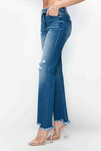Women's Stretch Raw Hem Distressed Mid Rise Straight Jeans - sold by Reef Love