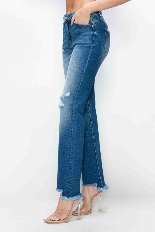 Women's Stretch Raw Hem Distressed Mid Rise Straight Jeans - sold by Reef Love
