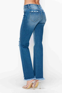 Women's Stretch Raw Hem Distressed Mid Rise Straight Jeans - sold by Reef Love