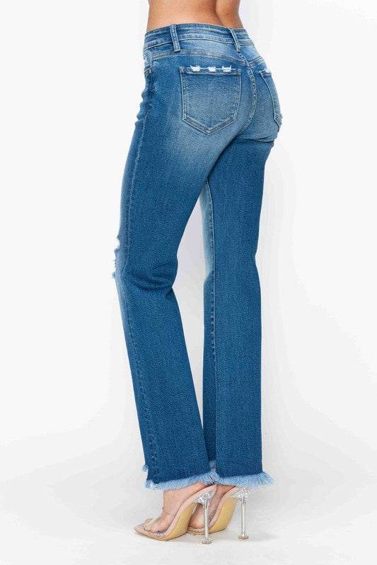 Women's Stretch Raw Hem Distressed Mid Rise Straight Jeans - sold by Reef Love
