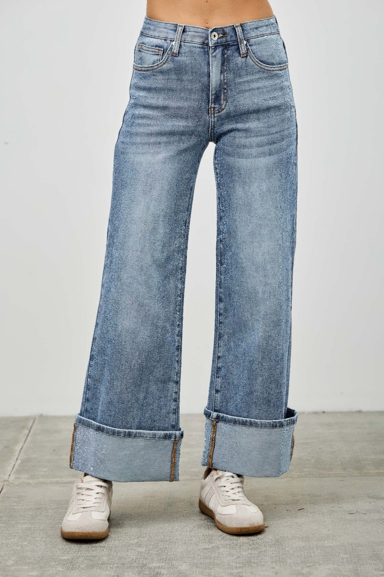 Saige Ultra Stretch Mid Rise Wide-Leg Cuffed Jeans, Medium Wash-SAIGE DENIM-Reef Love