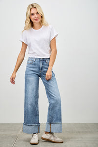 Saige Ultra Stretch Mid Rise Wide-Leg Cuffed Jeans, Medium Wash-SAIGE DENIM-Reef Love