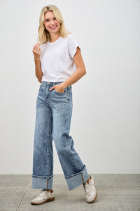 Saige Ultra Stretch Mid Rise Wide-Leg Cuffed Jeans, Medium Wash-SAIGE DENIM-Reef Love