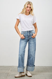 Saige Ultra Stretch Mid Rise Wide-Leg Cuffed Jeans, Medium Wash-SAIGE DENIM-Reef Love