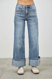 Saige Ultra Stretch Mid Rise Wide-Leg Cuffed Jeans, Medium Wash-SAIGE DENIM-Reef Love