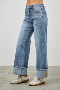 Saige Ultra Stretch Mid Rise Wide-Leg Cuffed Jeans, Medium Wash-SAIGE DENIM-Reef Love