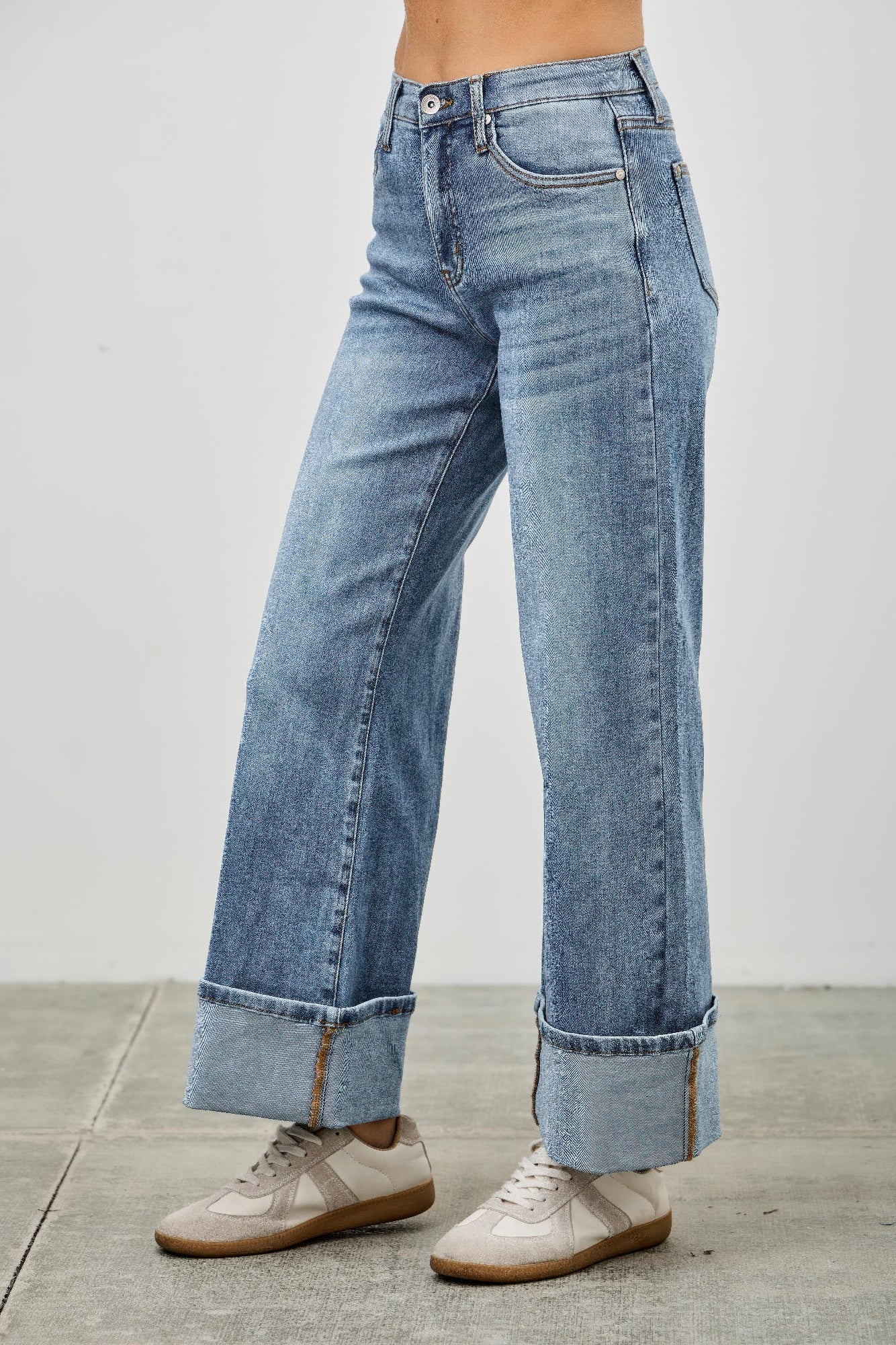 Saige Ultra Stretch Mid Rise Wide-Leg Cuffed Jeans, Medium Wash-SAIGE DENIM-Reef Love