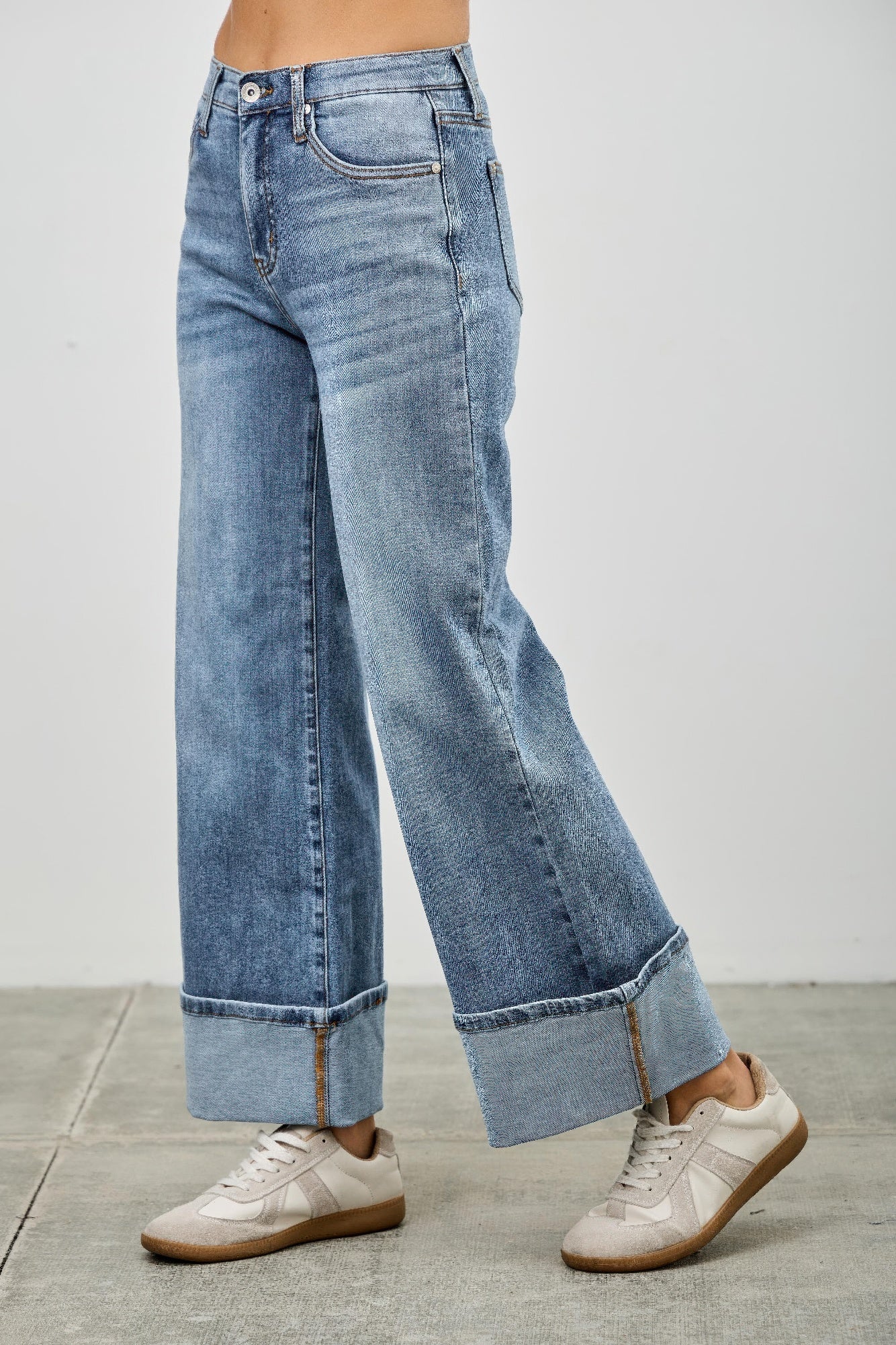 Saige Ultra Stretch Mid Rise Wide-Leg Cuffed Jeans, Medium Wash-SAIGE DENIM-Reef Love