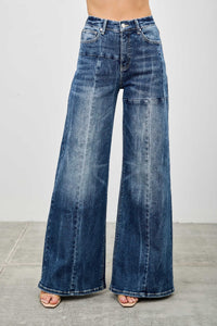 Saige Mid Rise Wide Leg Front Seam Jeans, Dark Wash-SAIGE DENIM-Reef Love