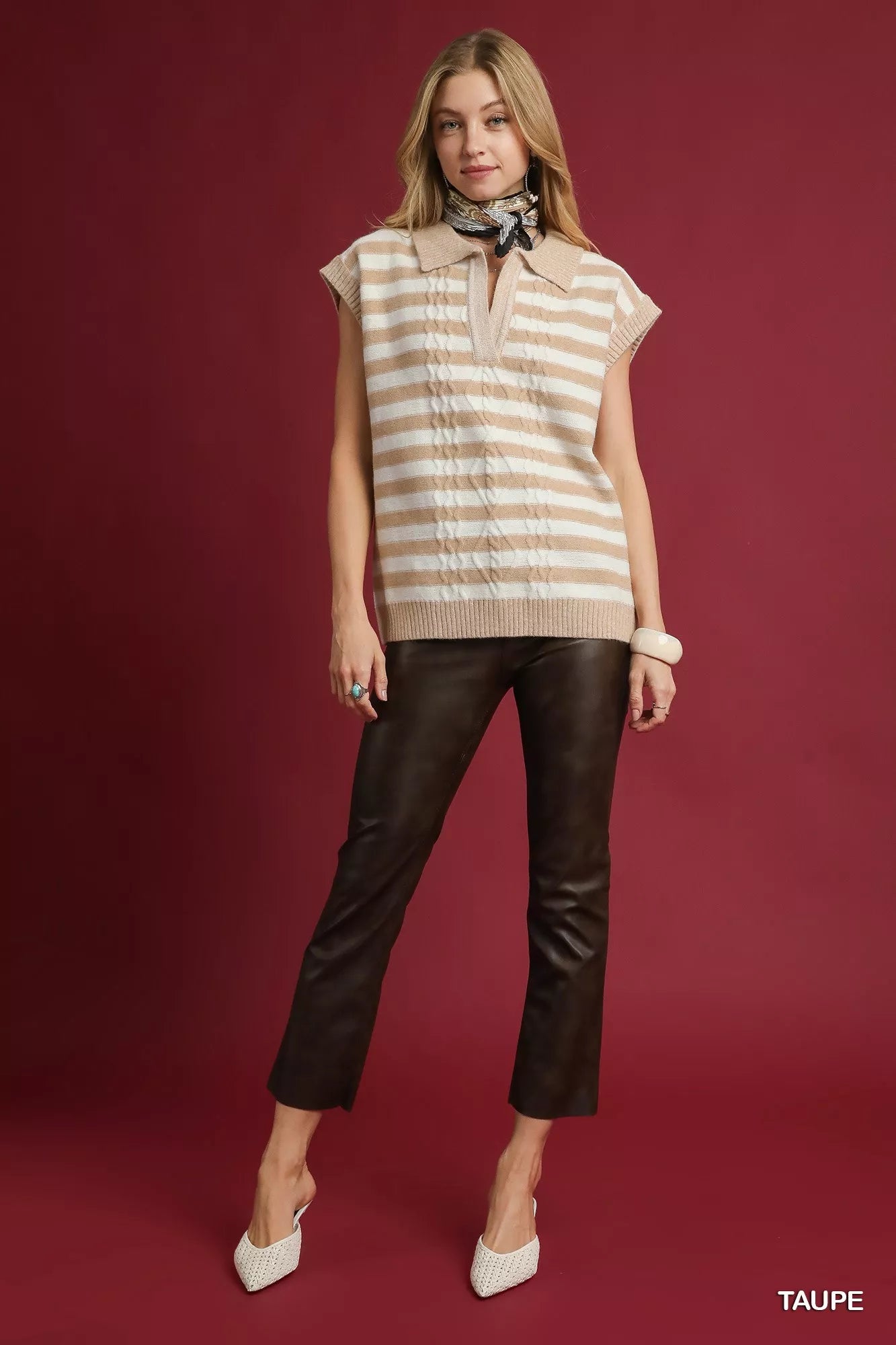 Cable Knit Collared Striped Short Sleeve Sweater