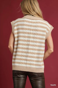 Cable Knit Collared Striped Short Sleeve Sweater