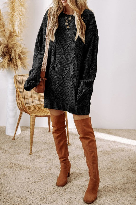Cable Knit Drop Shoulder Sweater Dress