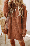 Cable Knit Drop Shoulder Sweater Dress-Cable Knit Sweater Dress - Cozy & Flattering, combines intricate knit craftsmanship with a relaxed silhouette for timeless appeal and boho-chic look.