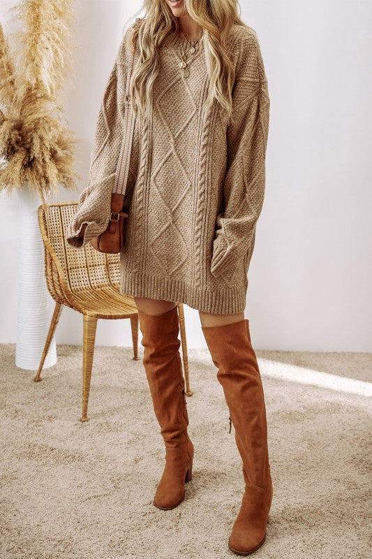 Cable Knit Drop Shoulder Sweater Dress
