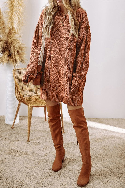 Cable Knit Drop Shoulder Sweater Dress-Cable Knit Sweater Dress - Cozy & Flattering, combines intricate knit craftsmanship with a relaxed silhouette for timeless appeal and boho-chic look.