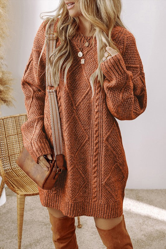 Cable Knit Drop Shoulder Sweater Dress-Cable Knit Sweater Dress - Cozy & Flattering, combines intricate knit craftsmanship with a relaxed silhouette for timeless appeal and boho-chic look.