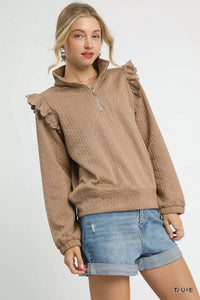 Cable Knit Textured Pullover with Ruffle Shoulders, Taupe-Reef Love