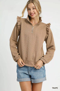 Cable Knit Textured Pullover with Ruffle Shoulders, Taupe-Reef Love