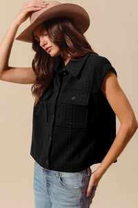 Shop Cable Quilting Stitch Button Up Knit Vest-Elevate your fall layers with our cable quilting stitch button-up knit vest. Featuring textured cable knit, functional pockets, and a structured silhouette perfect for layering.-available at Reef Love online boho-chic boutique