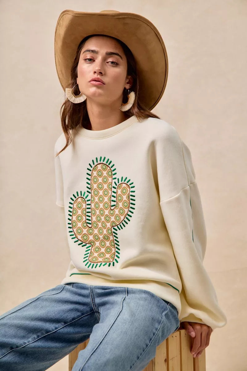 Cactus Embroidered Fleece Sweatshirt