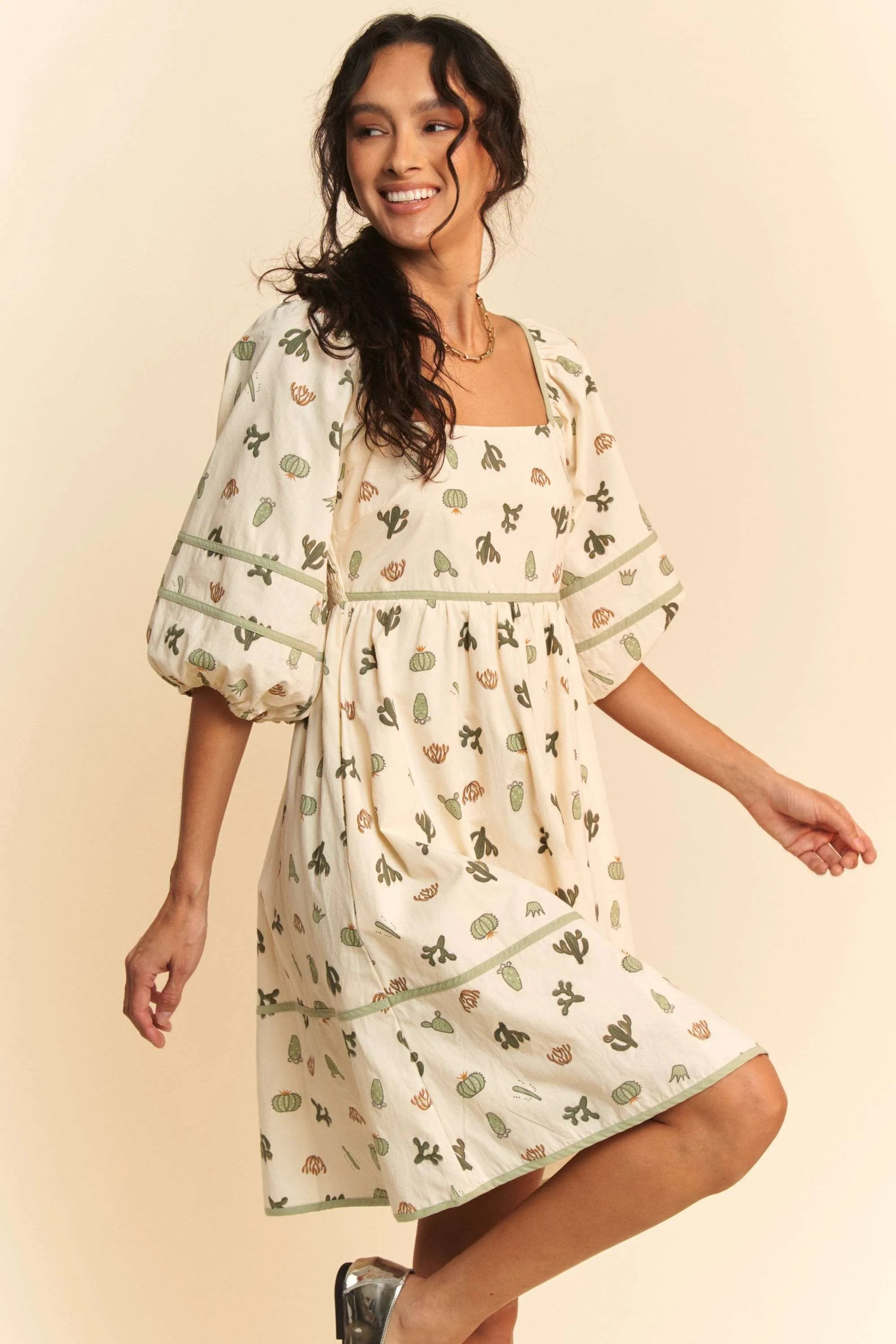 Cactus Printed Poplin Mini Dress-Add a playful twist to your warm-weather wardrobe with this women's Cactus Printed Poplin Mini Dress—a must-have for fans of fun, breezy summer staple dresses. -Reef Love Boho-Chic Boutique