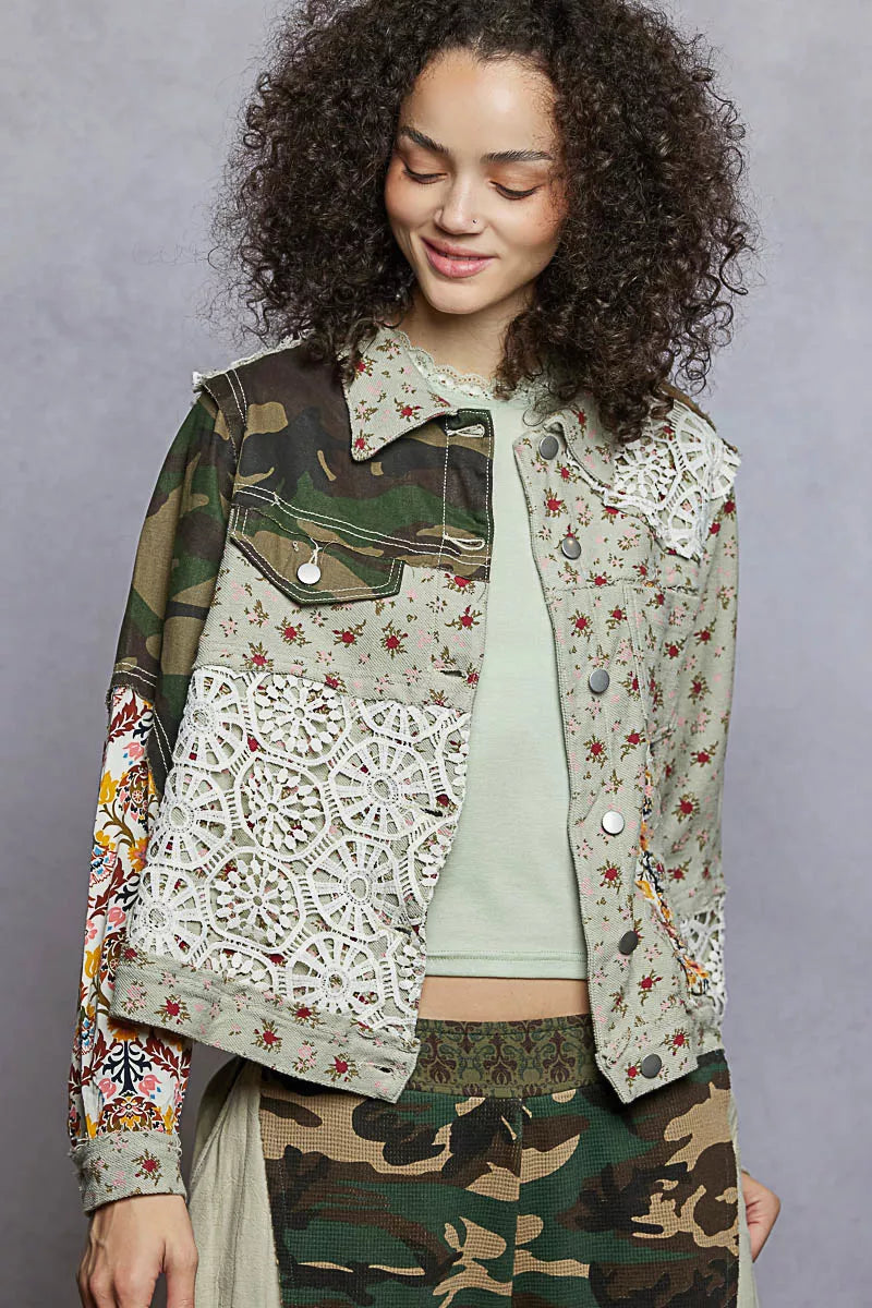 Camo, Crochet & Floral Mixed Media Trucker Jacket