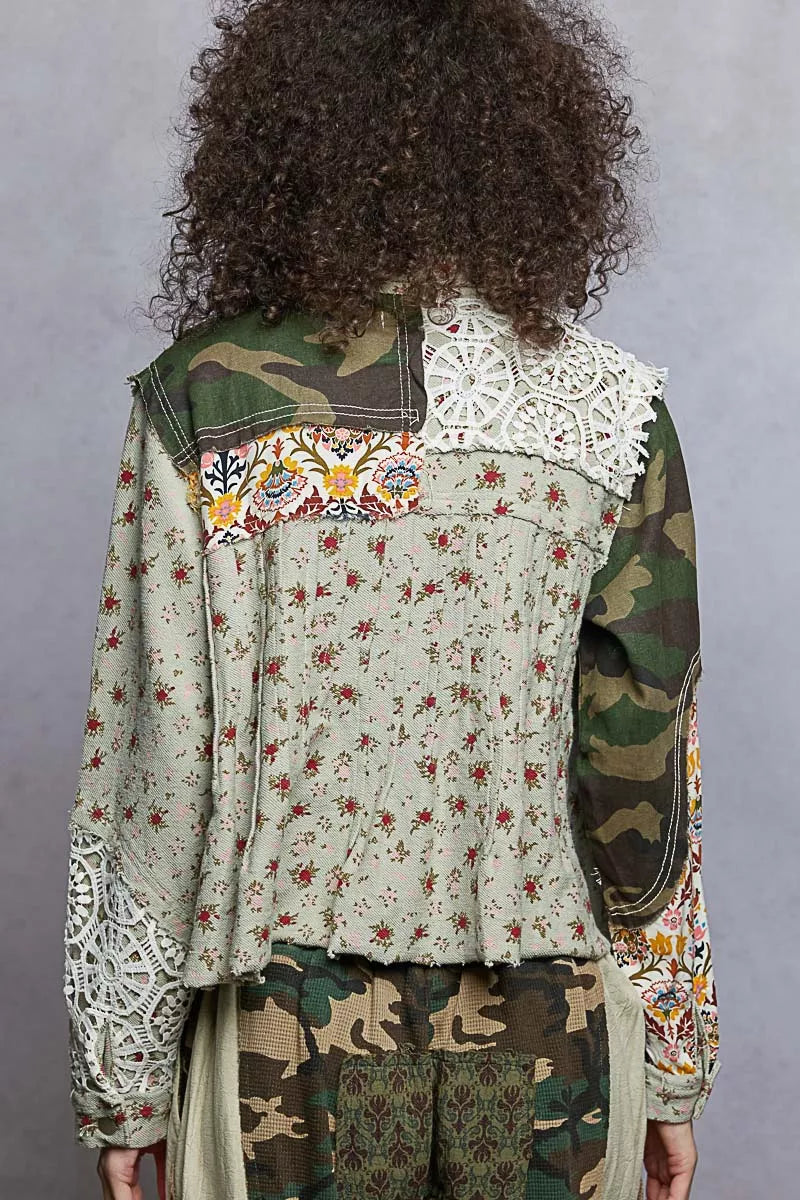 Camo, Crochet & Floral Mixed Media Trucker Jacket