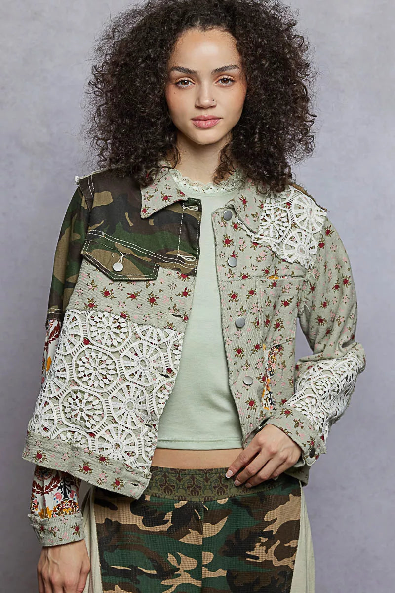 Camo, Crochet & Floral Mixed Media Trucker Jacket