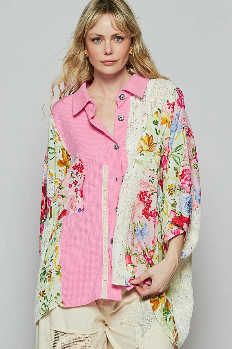 Candy Pink Thermal and Crochet Lace Mix Blouse with Floral Pattern-This shirt combines the cozy warmth of thermal fabric with delicate crochet lace details and a charming floral pattern. The mix of patterns creates a unique look -Reef Love