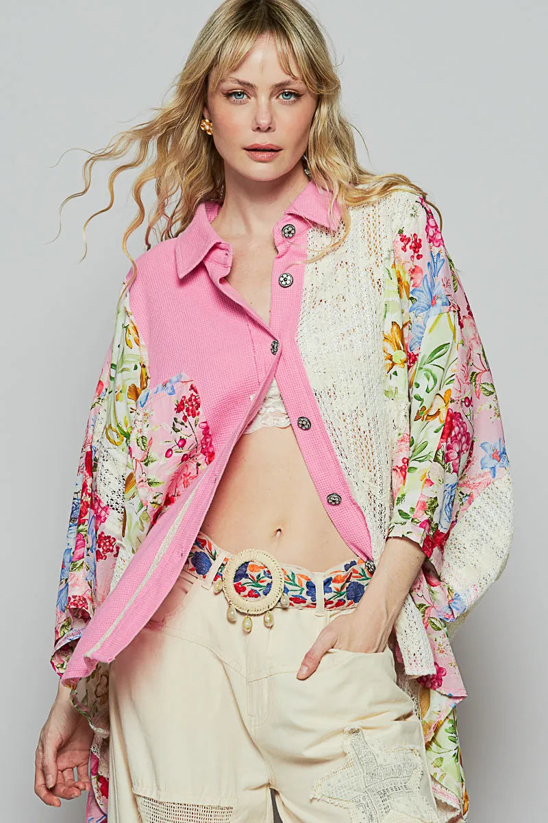 Candy Pink Thermal and Crochet Lace Mix Blouse with Floral Pattern-This shirt combines the cozy warmth of thermal fabric with delicate crochet lace details and a charming floral pattern. The mix of patterns creates a unique look -Reef Love