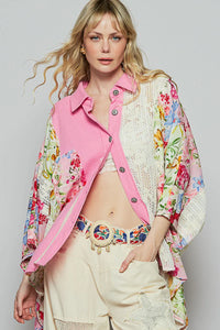 Candy Pink Thermal and Crochet Lace Mix Blouse with Floral Pattern-This shirt combines the cozy warmth of thermal fabric with delicate crochet lace details and a charming floral pattern. The mix of patterns creates a unique look -Reef Love