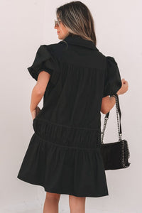 Cassidy Button Down Puff Sleeve Ruffle Hem Dress, Black- Boho Chic Styles by Reef Love