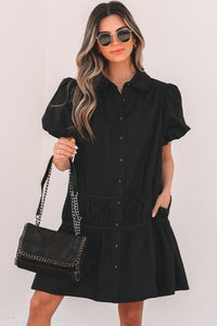Cassidy Button Down Puff Sleeve Ruffle Hem Dress, Black- Boho Chic Styles by Reef Love