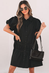 Cassidy Button Down Puff Sleeve Ruffle Hem Dress, Black- Boho Chic Styles by Reef Love