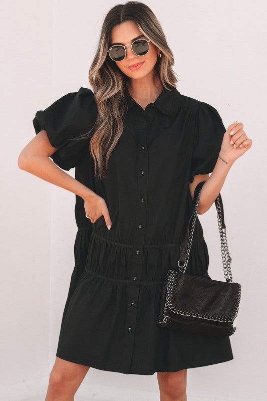 Cassidy Button Down Puff Sleeve Ruffle Hem Dress, Black- Boho Chic Styles by Reef Love
