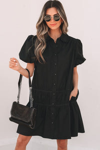 Cassidy Button Down Puff Sleeve Ruffle Hem Dress, Black- Boho Chic Styles by Reef Love