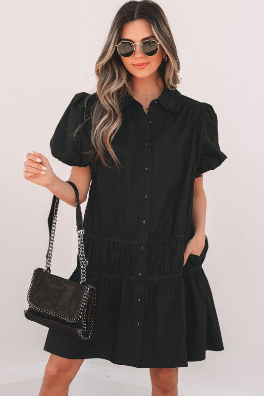 Cassidy Button Down Puff Sleeve Ruffle Hem Dress, Black- Boho Chic Styles by Reef Love