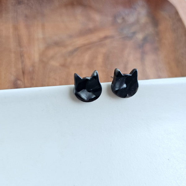 Shop Cat Studs - Black-Adorable black cat stud earrings made from lightweight acetate with hypoallergenic posts. Purr-fect for Halloween or year-round feline-inspired style.-available at Reef Love online boho-chic boutique