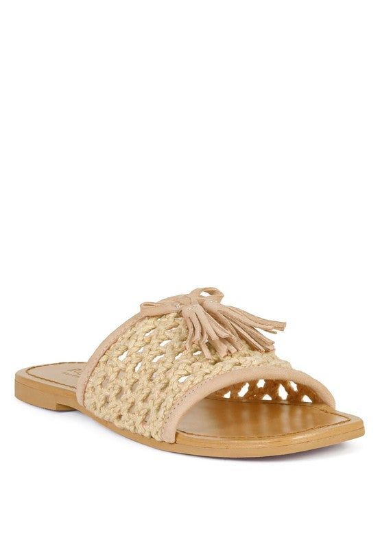 Shop Cedar Handwoven Natural Tassel Slide Sandals-available at Reef Love online boho-chic boutique